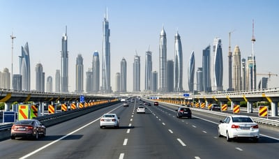 Dubai skyline with modern highways and toll gates Dubai skyline with modern highways and toll gates